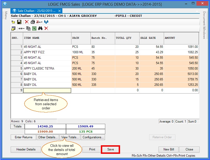 fmcg sale challan item details retrieved